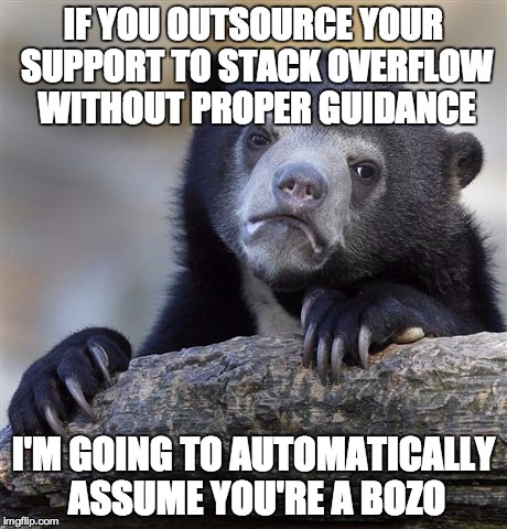 Confession Bear Meme | IF YOU OUTSOURCE YOUR SUPPORT TO STACK OVERFLOW WITHOUT PROPER GUIDANCE I'M GOING TO AUTOMATICALLY ASSUME YOU'RE A BOZO | image tagged in memes,confession bear | made w/ Imgflip meme maker