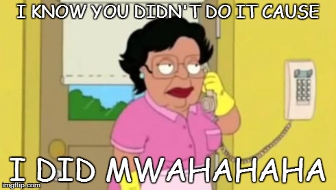 Family Guy  | I KNOW YOU DIDN'T DO IT CAUSE I DID MWAHAHAHA | image tagged in family guy | made w/ Imgflip meme maker