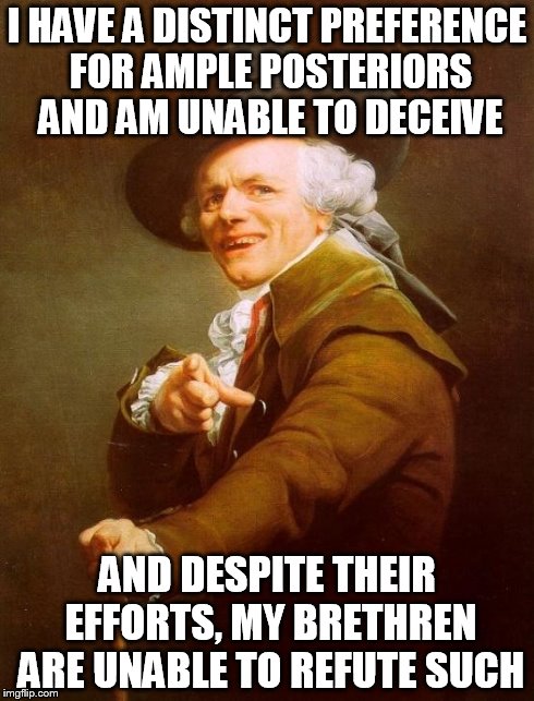 Joseph Ducreux Meme | I HAVE A DISTINCT PREFERENCE FOR AMPLE POSTERIORS AND AM UNABLE TO DECEIVE AND DESPITE THEIR EFFORTS, MY BRETHREN ARE UNABLE TO REFUTE SUCH | image tagged in memes,joseph ducreux | made w/ Imgflip meme maker