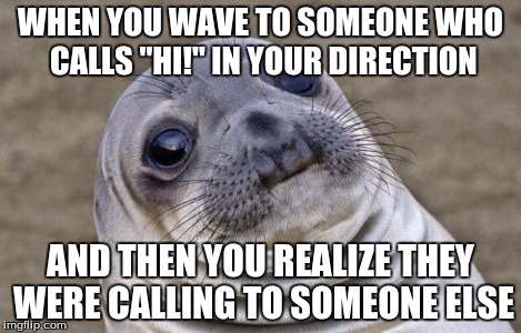 Awkward Moment Sealion Meme | WHEN YOU WAVE TO SOMEONE WHO CALLS "HI!" IN YOUR DIRECTION AND THEN YOU REALIZE THEY WERE CALLING TO SOMEONE ELSE | image tagged in memes,awkward moment sealion | made w/ Imgflip meme maker