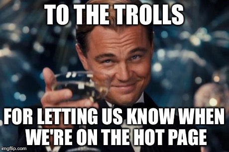 Leonardo Dicaprio Cheers | TO THE TROLLS FOR LETTING US KNOW WHEN WE'RE ON THE HOT PAGE | image tagged in memes,leonardo dicaprio cheers | made w/ Imgflip meme maker