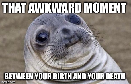 Awkward Moment Sealion | THAT AWKWARD MOMENT BETWEEN YOUR BIRTH AND YOUR DEATH | image tagged in memes,awkward moment sealion | made w/ Imgflip meme maker