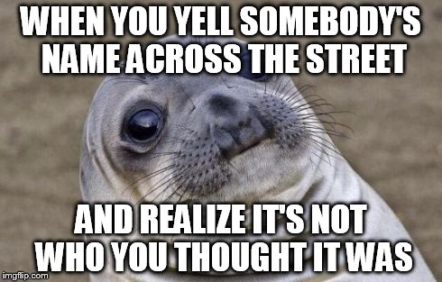 Awkward Moment Sealion | WHEN YOU YELL SOMEBODY'S NAME ACROSS THE STREET AND REALIZE IT'S NOT WHO YOU THOUGHT IT WAS | image tagged in memes,awkward moment sealion | made w/ Imgflip meme maker