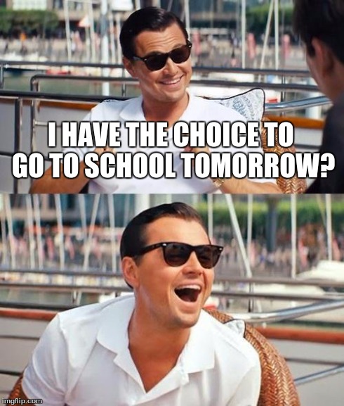 Leonardo Dicaprio Wolf Of Wall Street | I HAVE THE CHOICE TO GO TO SCHOOL TOMORROW? | image tagged in memes,leonardo dicaprio wolf of wall street | made w/ Imgflip meme maker
