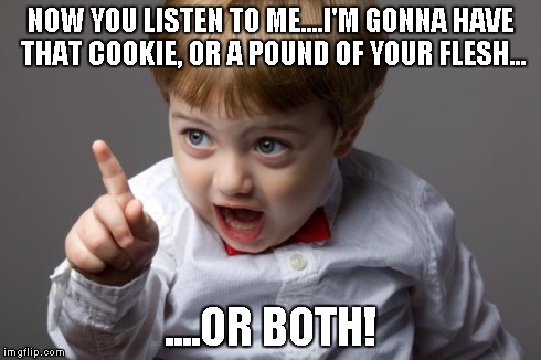 NOW YOU LISTEN TO ME....I'M GONNA HAVE THAT COOKIE, OR A POUND OF YOUR FLESH... ....OR BOTH! | image tagged in boss kid | made w/ Imgflip meme maker