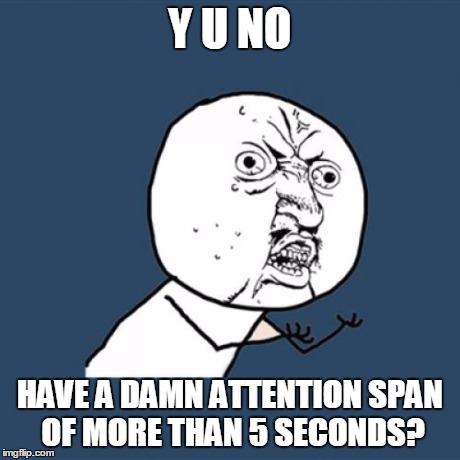 Y U No Meme | Y U NO HAVE A DAMN ATTENTION SPAN OF MORE THAN 5 SECONDS? | image tagged in memes,y u no | made w/ Imgflip meme maker