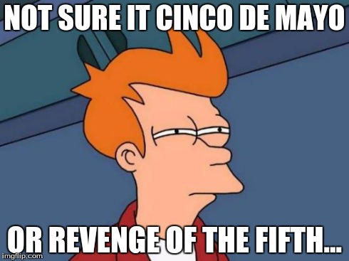 I seriously want to know... | NOT SURE IT CINCO DE MAYO OR REVENGE OF THE FIFTH... | image tagged in memes,futurama fry | made w/ Imgflip meme maker