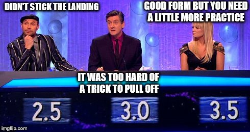 Score | DIDN'T STICK THE LANDING IT WAS TOO HARD OF A TRICK TO PULL OFF GOOD FORM BUT YOU NEED A LITTLE MORE PRACTICE | image tagged in judge for score,bad score | made w/ Imgflip meme maker