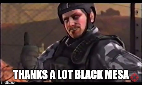 black mesa guard meme | THANKS A LOT BLACK MESA | image tagged in black mesa guard meme,gaming,half life | made w/ Imgflip meme maker
