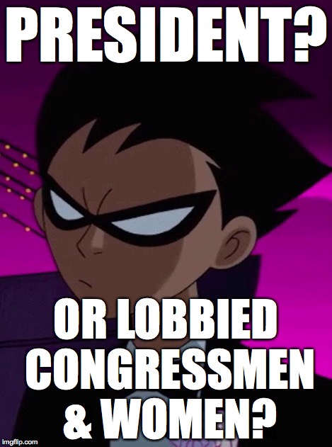 Skeptical Robin | PRESIDENT? OR LOBBIED CONGRESSMEN & WOMEN? | image tagged in skeptical robin | made w/ Imgflip meme maker