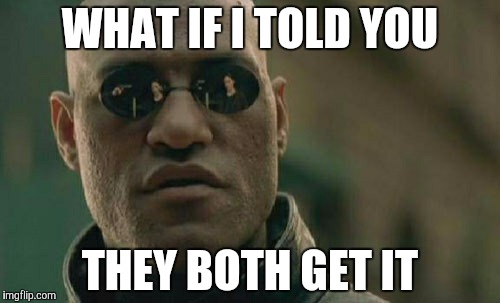 Matrix Morpheus Meme | WHAT IF I TOLD YOU THEY BOTH GET IT | image tagged in memes,matrix morpheus | made w/ Imgflip meme maker