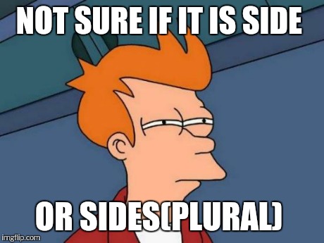 Futurama Fry Meme | NOT SURE IF IT IS SIDE OR SIDES(PLURAL) | image tagged in memes,futurama fry | made w/ Imgflip meme maker