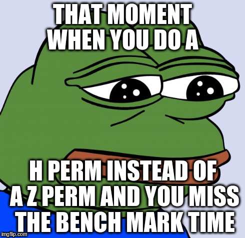 sadfrog | THAT MOMENT WHEN YOU DO A H PERM INSTEAD OF A Z PERM AND YOU MISS THE BENCH MARK TIME | image tagged in sadfrog | made w/ Imgflip meme maker