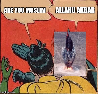 Batman Slapping Robin | ARE YOU MUSLIM ALLAHU AKBAR | image tagged in memes,batman slapping robin | made w/ Imgflip meme maker