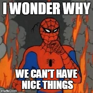 Spiderman Meme | I WONDER WHY WE CAN'T HAVE NICE THINGS | image tagged in spiderman meme | made w/ Imgflip meme maker