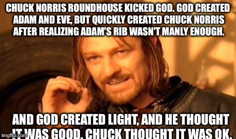 One Does Not Simply Meme | CHUCK NORRIS ROUNDHOUSE KICKED GOD. GOD CREATED ADAM AND EVE, BUT QUICKLY CREATED CHUCK NORRIS AFTER REALIZING ADAM'S RIB WASN'T MANLY ENOUG | image tagged in memes,one does not simply | made w/ Imgflip meme maker