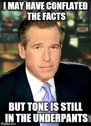 Brian Williams  | I MAY HAVE CONFLATED THE FACTS BUT TONE IS STILL IN THE UNDERPANTS | image tagged in brian williams  | made w/ Imgflip meme maker