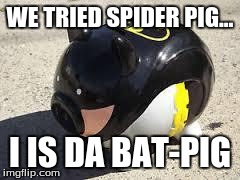 The Bat-Pig is back | WE TRIED SPIDER PIG... I IS DA BAT-PIG | image tagged in pigs | made w/ Imgflip meme maker