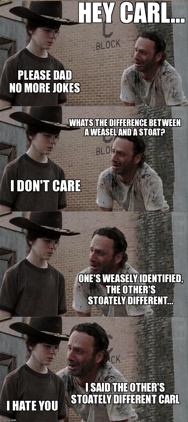 Rick and Carl Long Meme | HEY CARL... PLEASE DAD NO MORE JOKES WHATS THE DIFFERENCE BETWEEN A WEASEL AND A STOAT? I DON'T CARE ONE'S WEASELY IDENTIFIED, THE OTHER'S S | image tagged in memes,rick and carl long | made w/ Imgflip meme maker