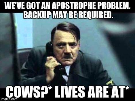 WE'VE GOT AN APOSTROPHE PROBLEM. BACKUP MAY BE REQUIRED. COWS?* LIVES ARE AT* | made w/ Imgflip meme maker