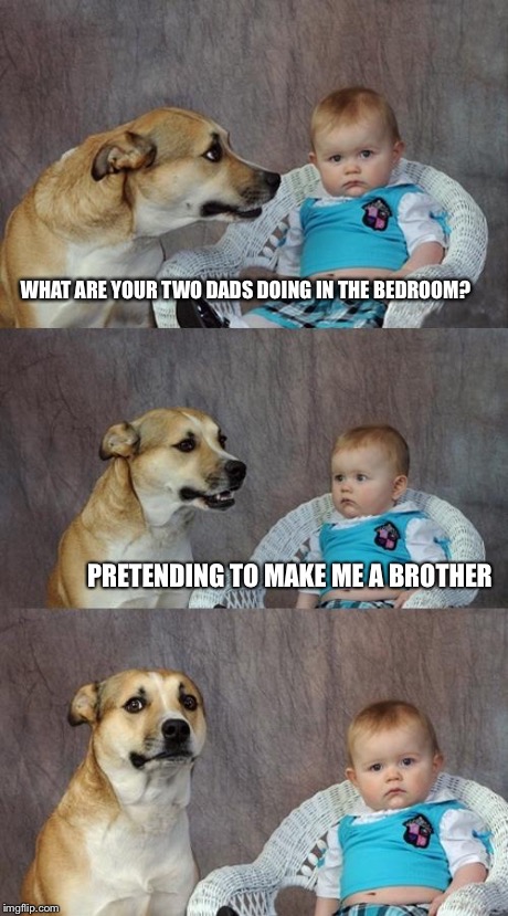 Dad Joke Dog | WHAT ARE YOUR TWO DADS DOING IN THE BEDROOM? PRETENDING TO MAKE ME A BROTHER | image tagged in memes,dad joke dog | made w/ Imgflip meme maker