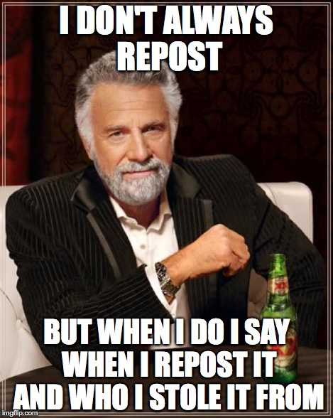 I DON'T ALWAYS REPOST BUT WHEN I DO I SAY WHEN I REPOST IT AND WHO I STOLE IT FROM | image tagged in memes,the most interesting man in the world | made w/ Imgflip meme maker