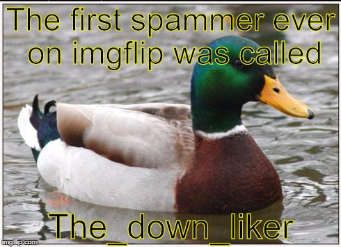 Check out his profile. Link in the comments. | The first spammer ever on imgflip was called The_down_liker | image tagged in memes,actual advice mallard,funny,troll,spammer,downvote | made w/ Imgflip meme maker