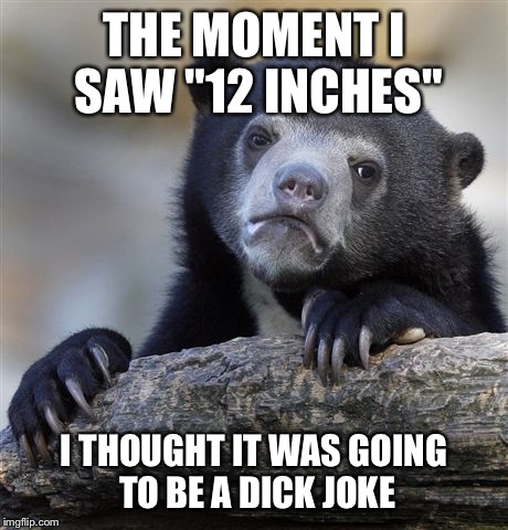 Confession Bear Meme | THE MOMENT I SAW "12 INCHES" I THOUGHT IT WAS GOING TO BE A DICK JOKE | image tagged in memes,confession bear | made w/ Imgflip meme maker