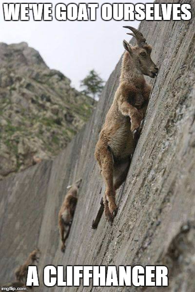 goats | WE'VE GOAT OURSELVES A CLIFFHANGER | image tagged in goats | made w/ Imgflip meme maker