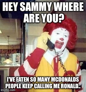Ronald McDonald Temp | HEY SAMMY WHERE ARE YOU? I'VE EATEN SO MANY MCDONALDS PEOPLE KEEP CALLING ME RONALD.. | image tagged in ronald mcdonald temp | made w/ Imgflip meme maker