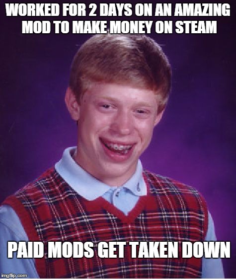 Bad Luck Brian | WORKED FOR 2 DAYS ON AN AMAZING MOD TO MAKE MONEY ON STEAM PAID MODS GET TAKEN DOWN | image tagged in memes,bad luck brian | made w/ Imgflip meme maker