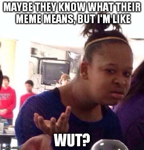 meaning unclear | MAYBE THEY KNOW WHAT THEIR MEME MEANS, BUT I'M LIKE WUT? | image tagged in memes,black girl wat | made w/ Imgflip meme maker