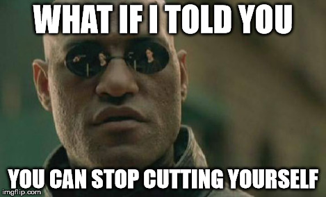attention cutters | WHAT IF I TOLD YOU YOU CAN STOP CUTTING YOURSELF | image tagged in memes,matrix morpheus | made w/ Imgflip meme maker