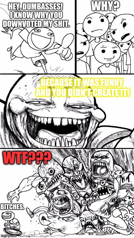 Hey Internet | HEY, DUMBASSES! I KNOW WHY YOU DOWNVOTED MY SHIT. BECAUSE IT WAS FUNNY AND YOU DIDN'T CREATE IT! WHY? WTF??? B**CHES. | image tagged in memes,hey internet,downvote | made w/ Imgflip meme maker