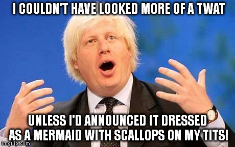 I COULDN'T HAVE LOOKED MORE OF A TWAT UNLESS I'D ANNOUNCED IT DRESSED AS A MERMAID WITH SCALLOPS ON MY TITS! | image tagged in boris | made w/ Imgflip meme maker