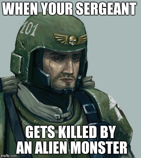 I though that duel would pay off... | WHEN YOUR SERGEANT GETS KILLED BY AN ALIEN MONSTER | image tagged in sad guardsmen,meme,warhammer40k,wh40k,sergeant,warhammer | made w/ Imgflip meme maker