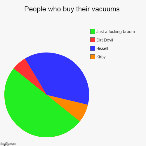 People who buy their vacuums | Kirby, Bissell, Dirt Devil, Just a f**king broom | image tagged in funny,pie charts,vacuums | made w/ Imgflip chart maker