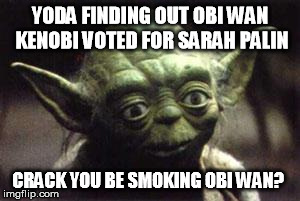 YODA FINDING OUT OBI WAN KENOBI VOTED FOR SARAH PALIN CRACK YOU BE SMOKING OBI WAN? | image tagged in yoda confused,sarah palin,politics | made w/ Imgflip meme maker