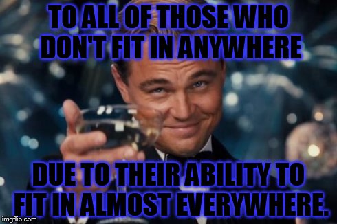 Leonardo Dicaprio Cheers | TO ALL OF THOSE WHO DON'T FIT IN ANYWHERE DUE TO THEIR ABILITY TO FIT IN ALMOST EVERYWHERE. | image tagged in memes,leonardo dicaprio cheers | made w/ Imgflip meme maker