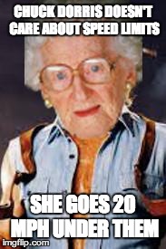 CHUCK DORRIS DOESN'T CARE ABOUT SPEED LIMITS SHE GOES 20 MPH UNDER THEM | image tagged in chuck dorris | made w/ Imgflip meme maker