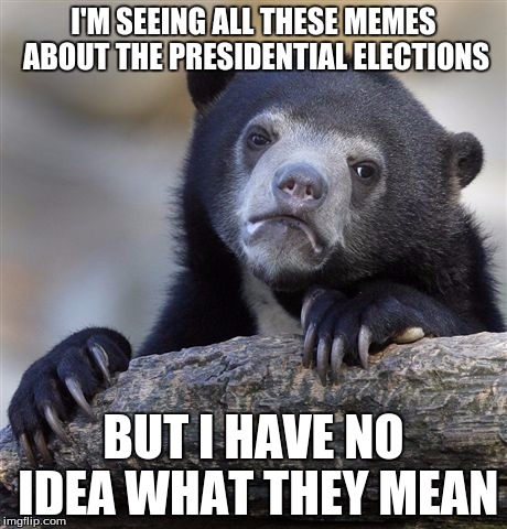 I know nothing about politics, plus I don't even live in america | I'M SEEING ALL THESE MEMES ABOUT THE PRESIDENTIAL ELECTIONS BUT I HAVE NO IDEA WHAT THEY MEAN | image tagged in memes,confession bear | made w/ Imgflip meme maker