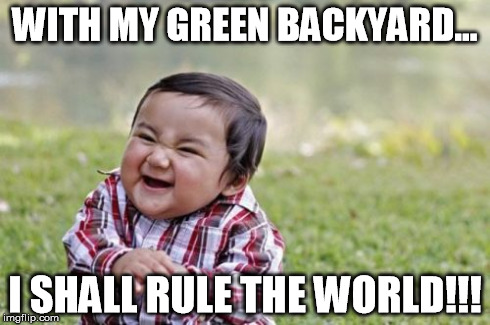 Evil Toddler Meme | WITH MY GREEN BACKYARD... I SHALL RULE THE WORLD!!! | image tagged in memes,evil toddler | made w/ Imgflip meme maker