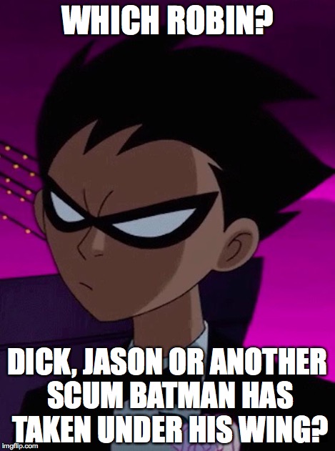 Skeptical Robin | WHICH ROBIN? DICK, JASON OR ANOTHER SCUM BATMAN HAS TAKEN UNDER HIS WING? | image tagged in skeptical robin | made w/ Imgflip meme maker