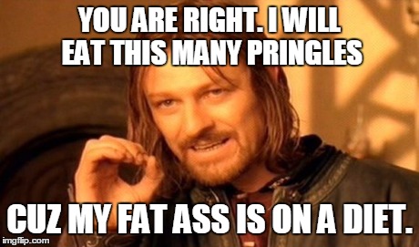 One Does Not Simply Meme | YOU ARE RIGHT. I WILL EAT THIS MANY PRINGLES CUZ MY FAT ASS IS ON A DIET. | image tagged in memes,one does not simply | made w/ Imgflip meme maker