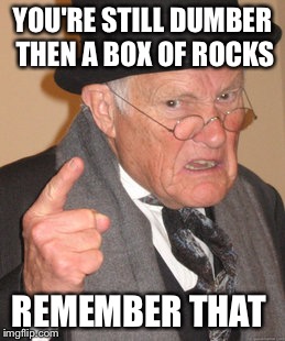 Back In My Day Meme | YOU'RE STILL DUMBER THEN A BOX OF ROCKS REMEMBER THAT | image tagged in memes,back in my day | made w/ Imgflip meme maker