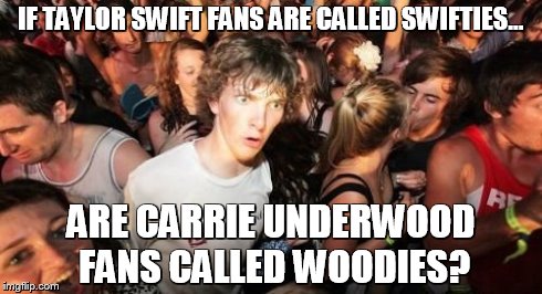 Sudden Clarity Clarence | IF TAYLOR SWIFT FANS ARE CALLED SWIFTIES... ARE CARRIE UNDERWOOD FANS CALLED WOODIES? | image tagged in memes,sudden clarity clarence | made w/ Imgflip meme maker