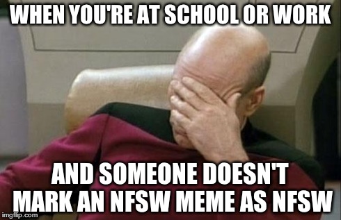Captain Picard Facepalm | WHEN YOU'RE AT SCHOOL OR WORK AND SOMEONE DOESN'T MARK AN NFSW MEME AS NFSW | image tagged in memes,captain picard facepalm | made w/ Imgflip meme maker