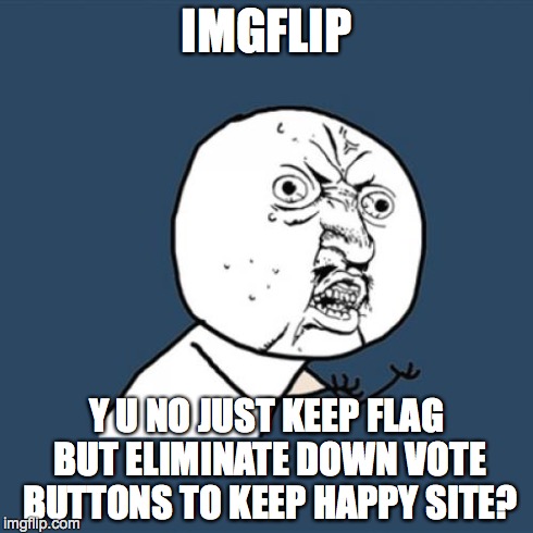 Y U No | IMGFLIP Y U NO JUST KEEP FLAG BUT ELIMINATE DOWN VOTE BUTTONS TO KEEP HAPPY SITE? | image tagged in memes,y u no | made w/ Imgflip meme maker