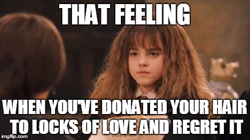 THAT FEELING WHEN YOU'VE DONATED YOUR HAIR TO LOCKS OF LOVE AND REGRET IT | image tagged in locks of love,hermione granger,bad hair day | made w/ Imgflip meme maker