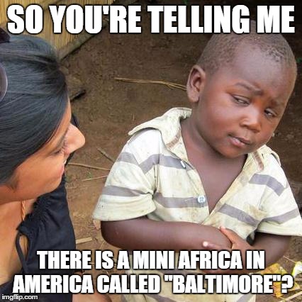 Third World Skeptical Kid | SO YOU'RE TELLING ME THERE IS A MINI AFRICA IN AMERICA CALLED "BALTIMORE"? | image tagged in memes,third world skeptical kid | made w/ Imgflip meme maker